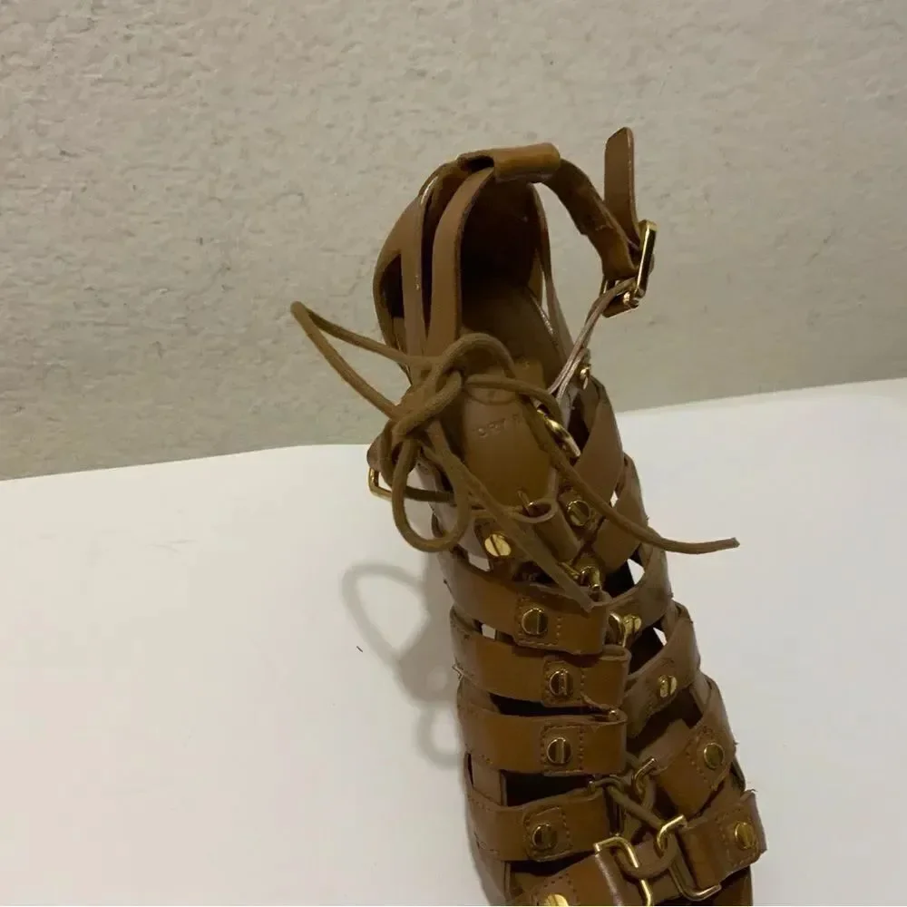 Tory Burch Gladiator Lace Up studded gold platform sandals Tan size 7.5 M